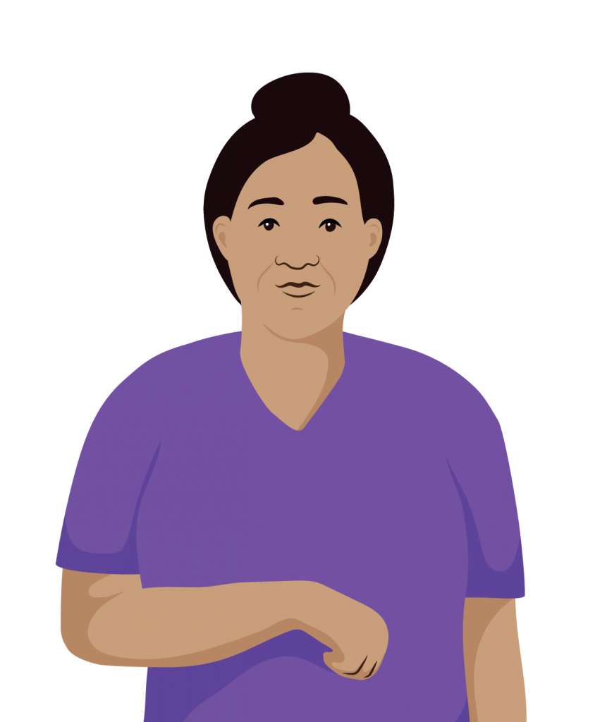 Lei is standing, wearing a purple t-shirt. She has one arm by her side and the other is curled towards her body.