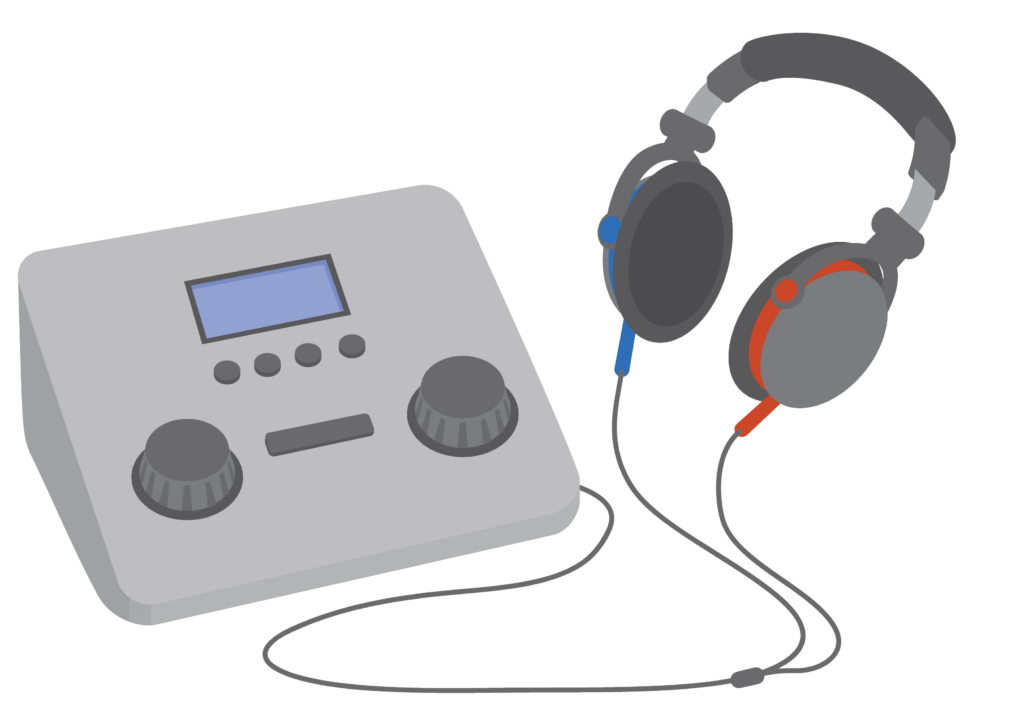 Hearing test device with dials, buttons and headphones attached. One headphone is red for the right ear and one headphone is blue for the left ear.